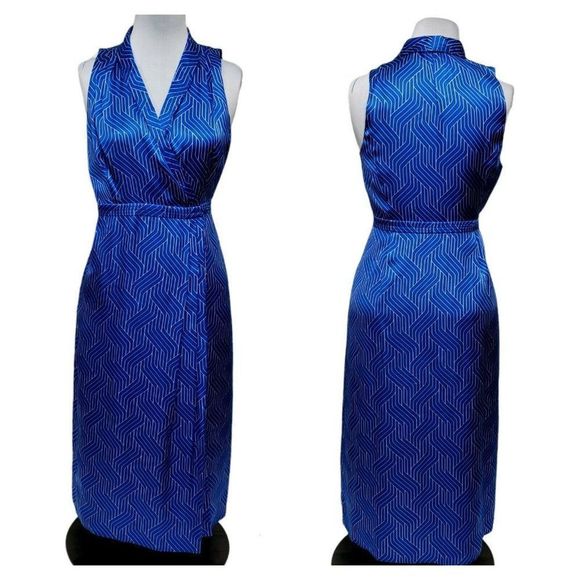 Equipment‎ Size 10 Katherine Blue Silk Geo Pattern Wrap Sleeveless Midi Dress - Picture 1 of 12